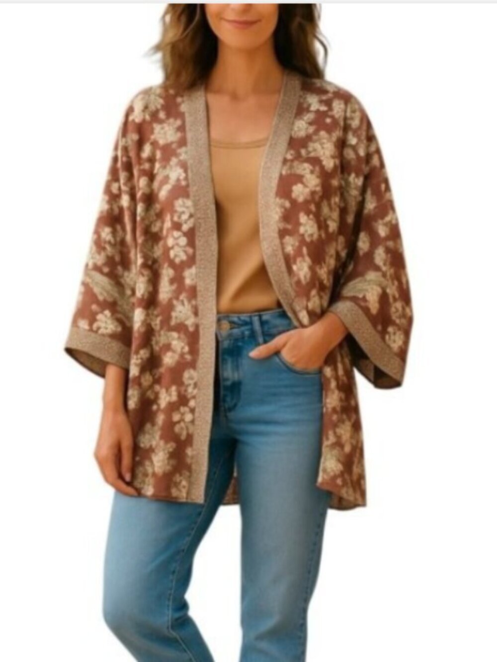 Soho New York & Co Woman's X-Large Open Front Floral Cardigan Taupe Yellow White